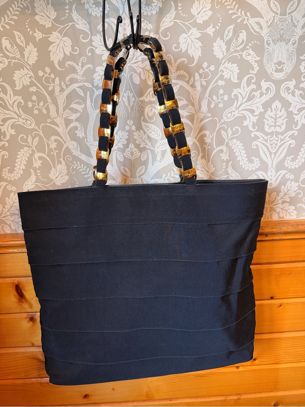 Salvatore Ferragamo Vara Ribbon Tote Shoulder Bag Navy Gold Hardware EUC